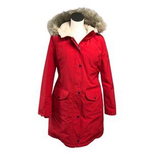Ralph Lauren Red Down Quilted Feather Filled Fur Trim Hooded Parka Coat Sz M